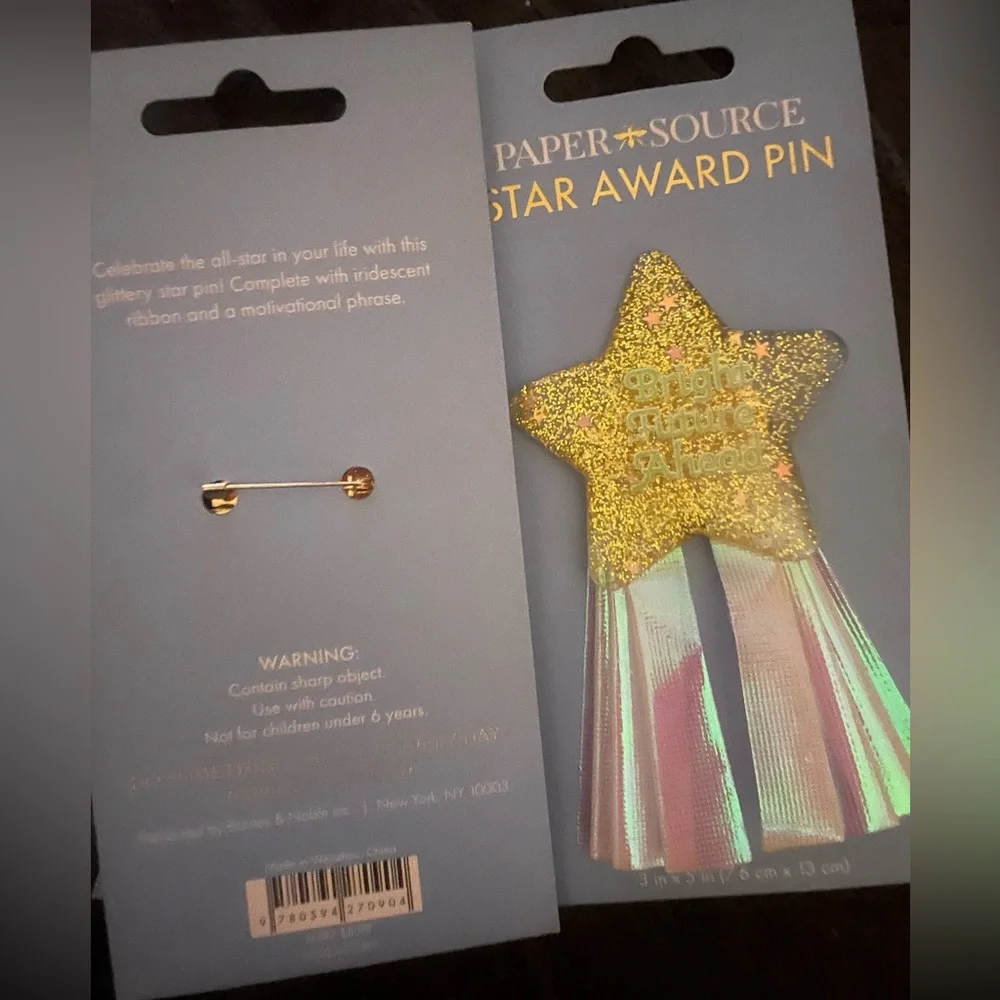 Paper Source Glittering Gold Star Award Pin with Pink Ribbons